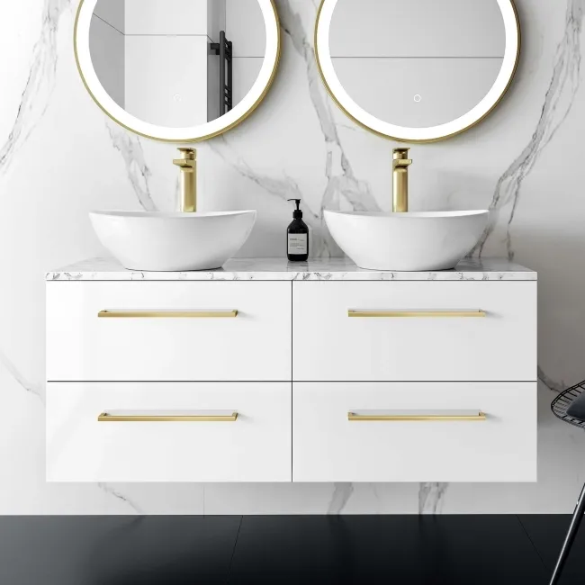 Elba Gloss White Double Wall Hung Drawer Vanity with Marble Top & Oval Basin 1200mm - Brushed Brass Accents