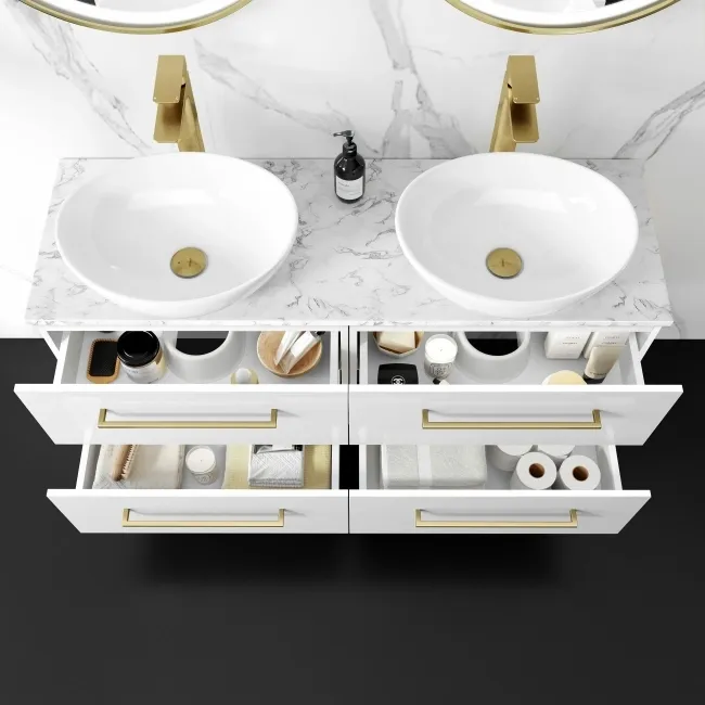 Elba Gloss White Double Wall Hung Drawer Vanity with Marble Top & Oval Basin 1200mm - Brushed Brass Accents