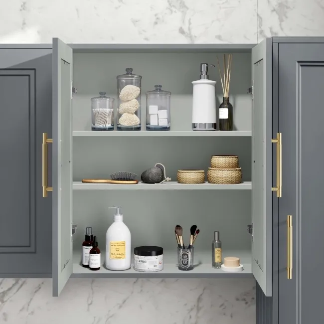 Dove Grey Wall Hung Mirror Cabinet 700x600mm - Brass Knurled Handles
