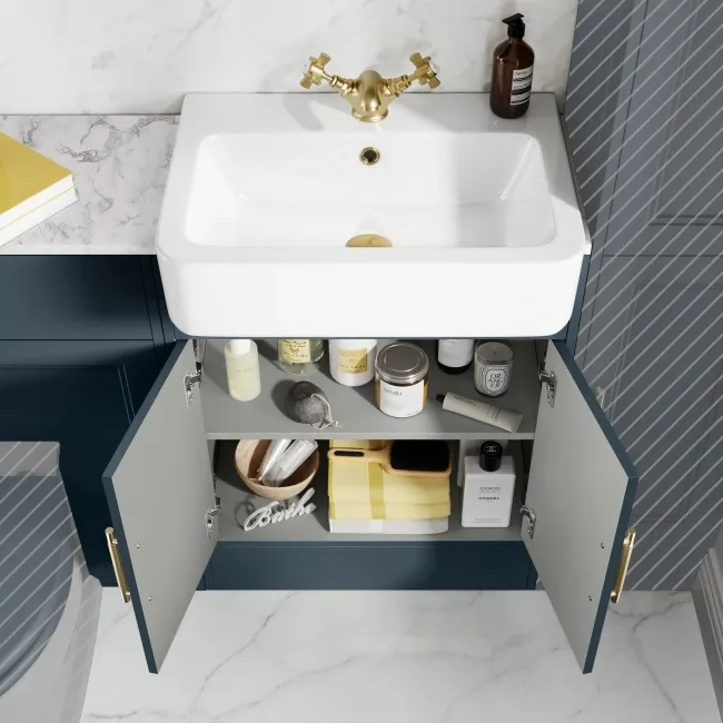 Monaco Inky Blue Combination Vanity Basin with Marble Top 1200mm (Excludes Pan & Cistern) - Brass Knurled Handles
