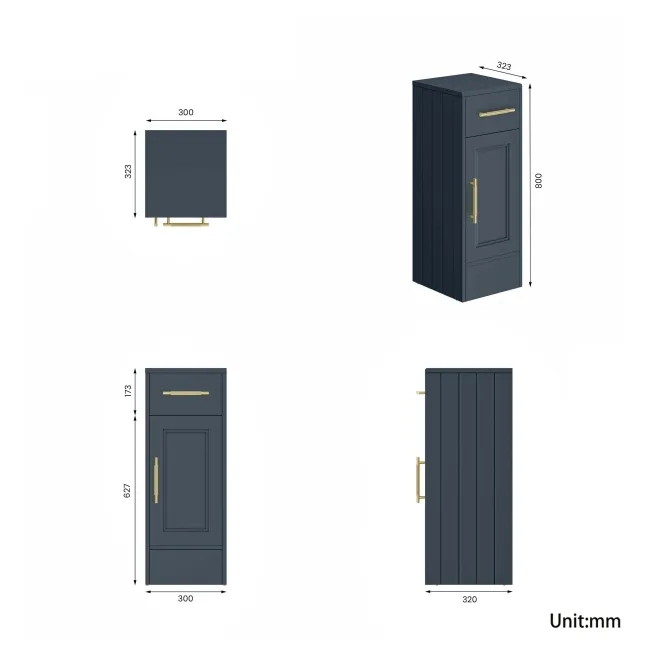 Monaco Inky Blue Side Cabinet Unit 300mm - Brass Knurled Handles