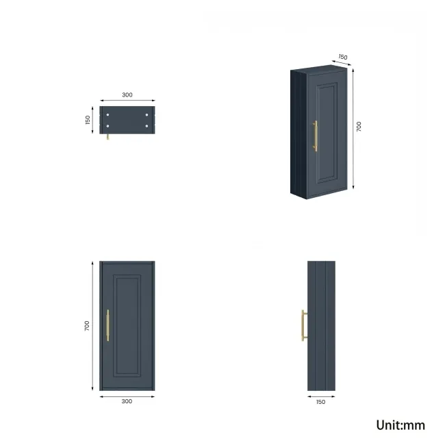 Inky Blue Wall Hung Cabinet 700x300mm - Brass Knurled Handles