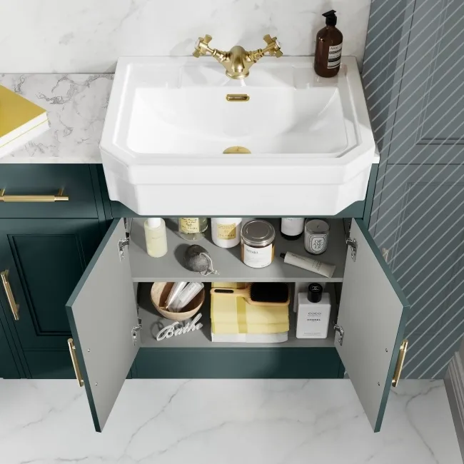 Monaco Midnight Green Combination Vanity Traditional Basin with Marble Top and Boston Toilet 1500mm - Brass Knurled Handles
