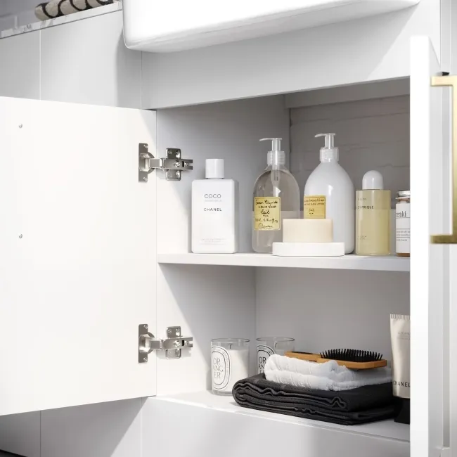 Harper Gloss White Combination Vanity Basin with Marble Top & Boston Toilet 1500mm - Brushed Brass Accents