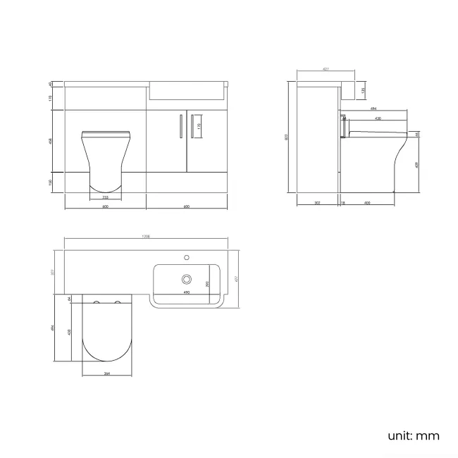 Harper Stone Grey Combination Vanity Basin and Tucson Toilet 1200mm - Brushed Brass Accents - Right Handed
