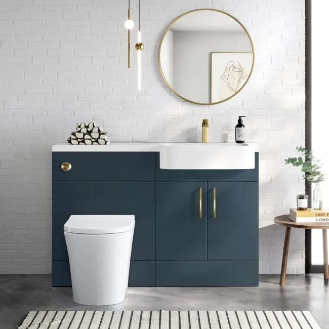 Harper Navy Blue Combination Vanity Basin and Tucson Toilet 1200mm - Brushed Brass Accents - Right Handed