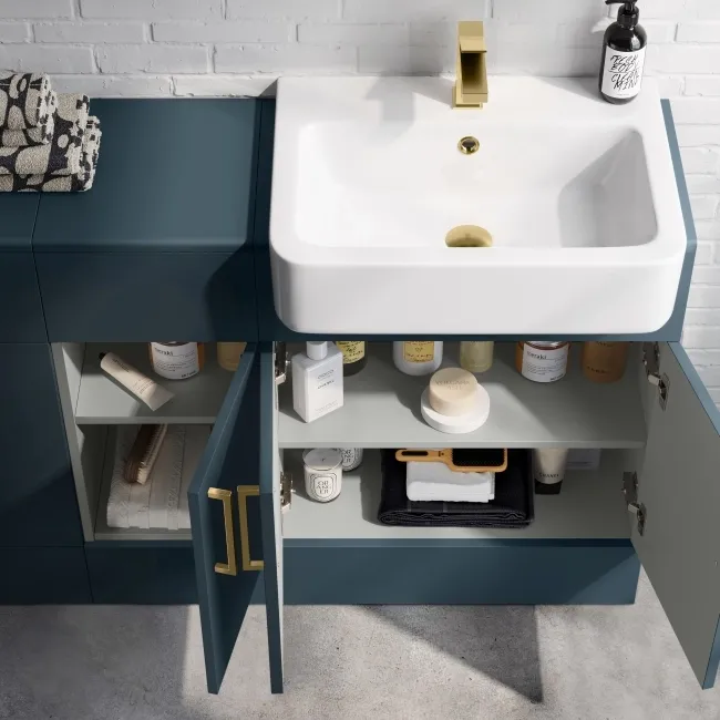 Harper Navy Blue Combination Vanity Basin and Boston Toilet 1500mm - Brushed Brass Accents