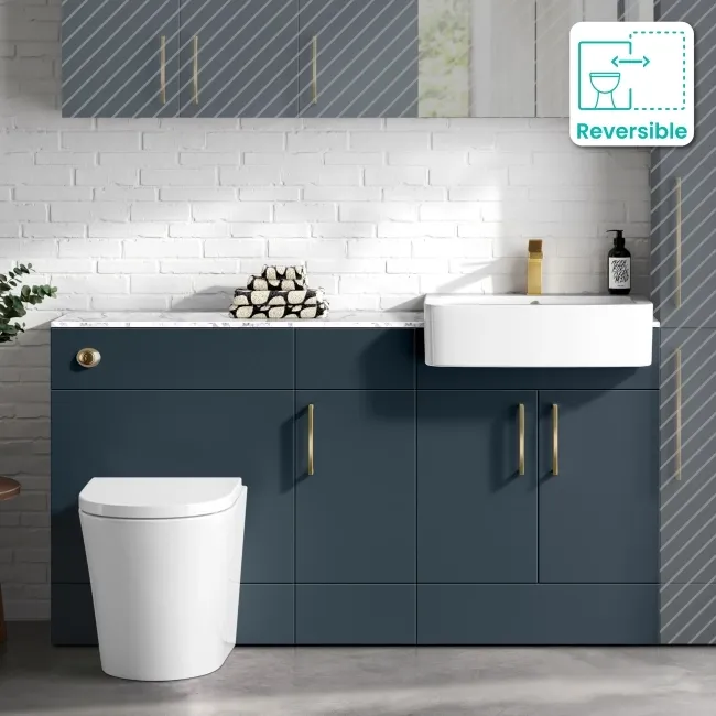 Harper Navy Blue Combination Vanity Basin with Marble Top & Boston Toilet 1500mm - Brushed Brass Accents