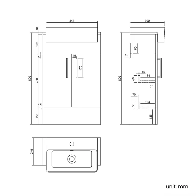 Harper Stone Grey Vanity with Semi Recessed Basin 500mm - Brushed Brass Accents