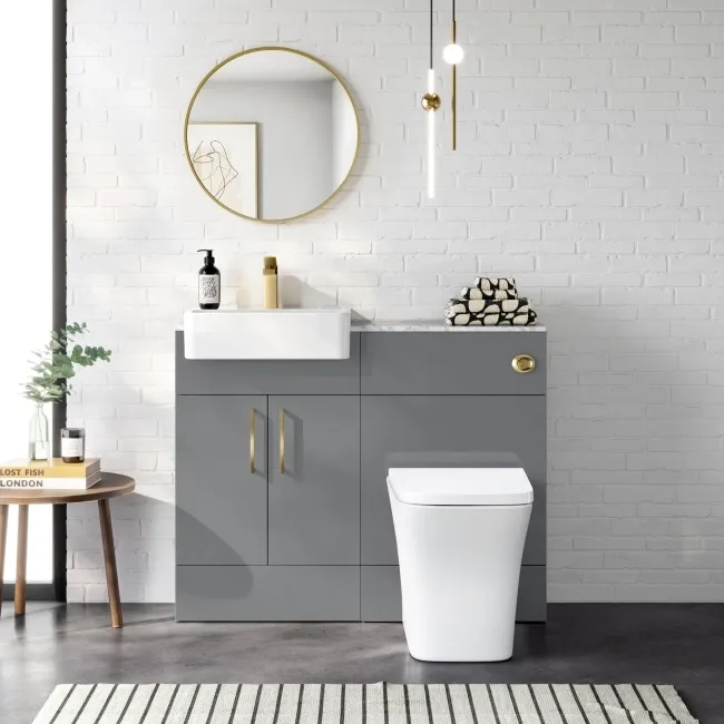 Harper Stone Grey Combination Vanity Basin with Marble Top & Houston Toilet 1000mm -Brushed Brass Accents