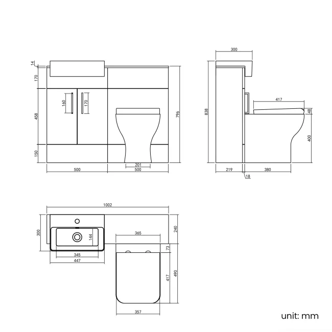 Harper Stone Grey Combination Vanity Basin with Marble Top & Houston Toilet 1000mm -Brushed Brass Accents