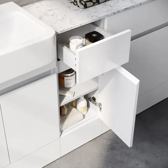 Foster Gloss White Combination Vanity Basin with Marble Top 1500mm - Excludes Toilet