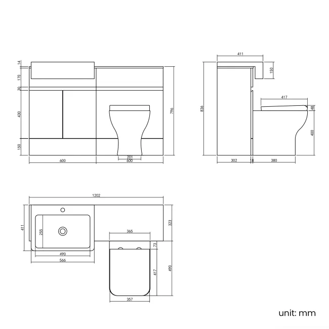 Foster Tungsten Grey Combination Vanity Basin with Marble Top & Houston Toilet 1200mm