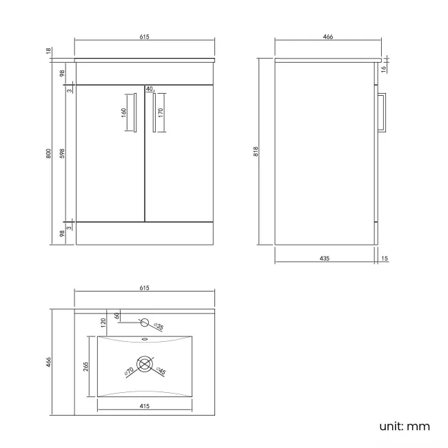 Mersey Gloss White Basin Vanity 600mm - Black Accents