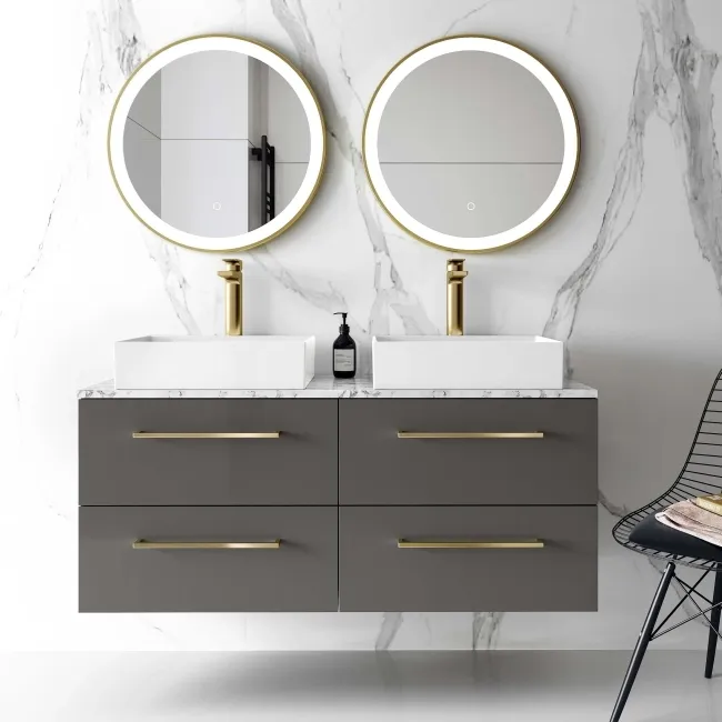 Elba Graphite Grey Double Wall Hung Drawer Vanity with Marble Top & Cody Basin 1200mm - Brushed Brass Accents