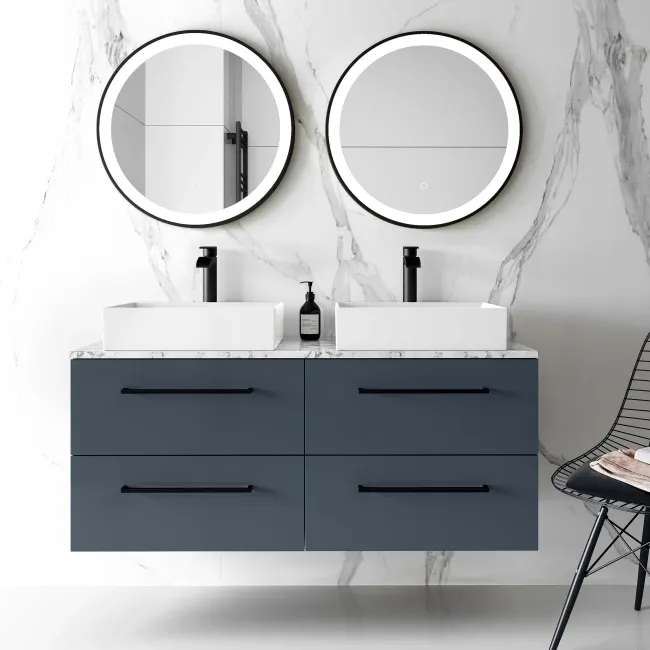 Elba Inky Blue Double Wall Hung Drawer Vanity with Marble Top & Cody Basin 1200mm - Black Accents