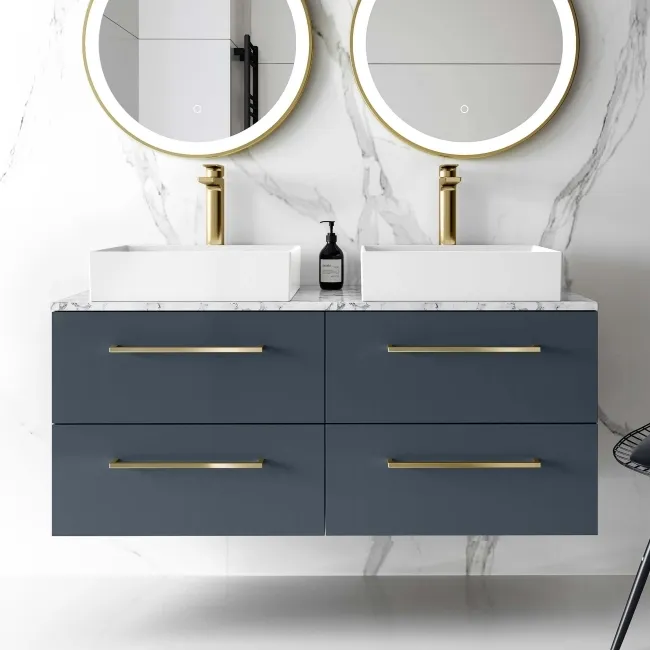 Elba Inky Blue Double Wall Hung Drawer Vanity with Marble Top & Cody Basin 1200mm - Brushed Brass Accents