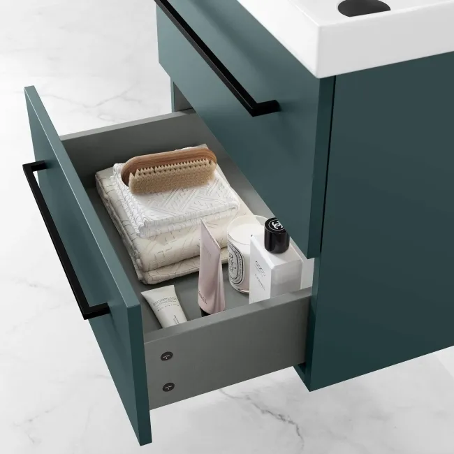 Elba Midnight Green Wall Hung Basin Drawer Vanity 500mm - Black Accents