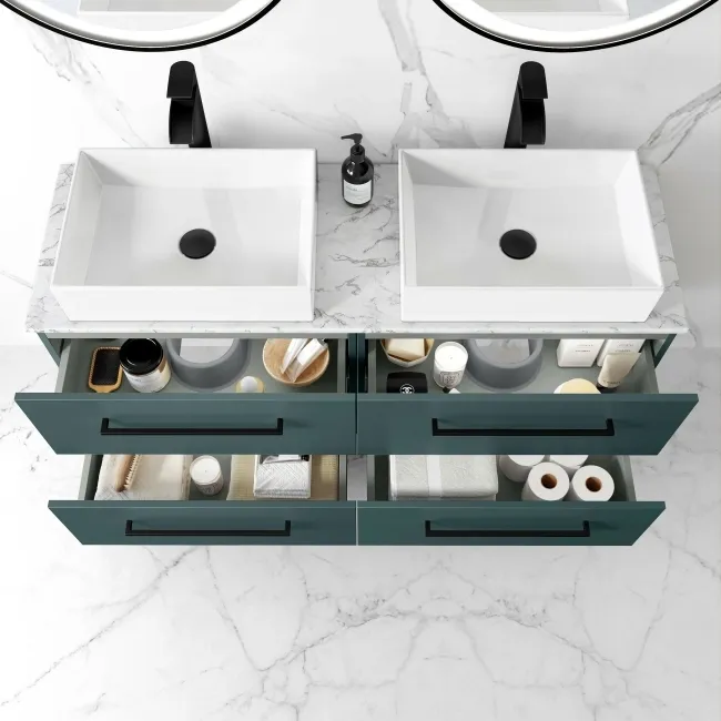 Elba Midnight Green Double Wall Hung Drawer Vanity with Marble Top & Cody Basin 1200mm - Black Accents