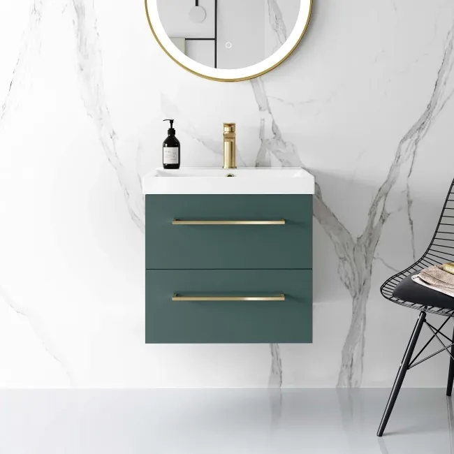 Elba Midnight Green Wall Hung Basin Drawer Vanity 500mm - Brushed Brass Accents