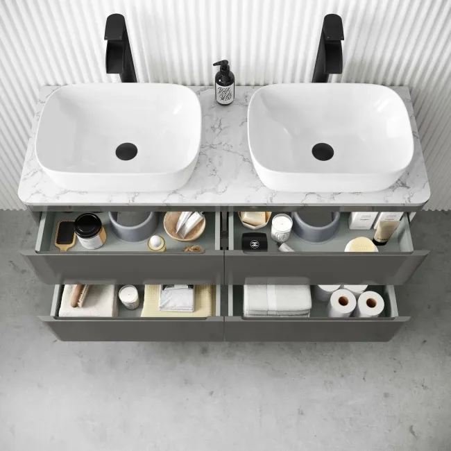 Corsica Tungsten Grey Wall Hung Drawer Vanity with Marble Top & Curved Counter Top Basin 1200mm