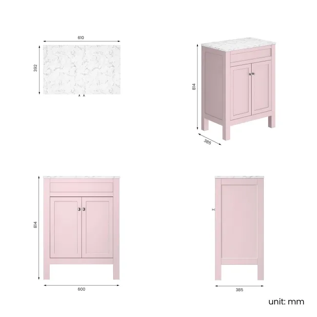 Bermuda Cashmere Pink Cabinet with Marble Top 600mm - Excludes Counter Top Basin
