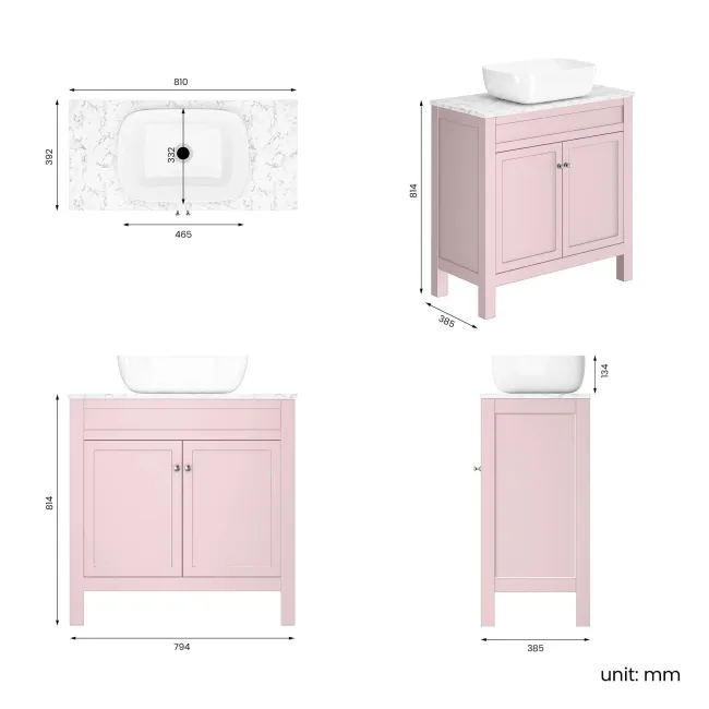 Bermuda Cashmere Pink Vanity with Marble Top & Curved Counter Top Basin 800mm