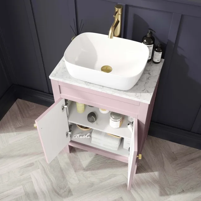 Bermuda Cashmere Pink Vanity with Marble Top & Curved Counter Top Basin 600mm - Brushed Brass Accents