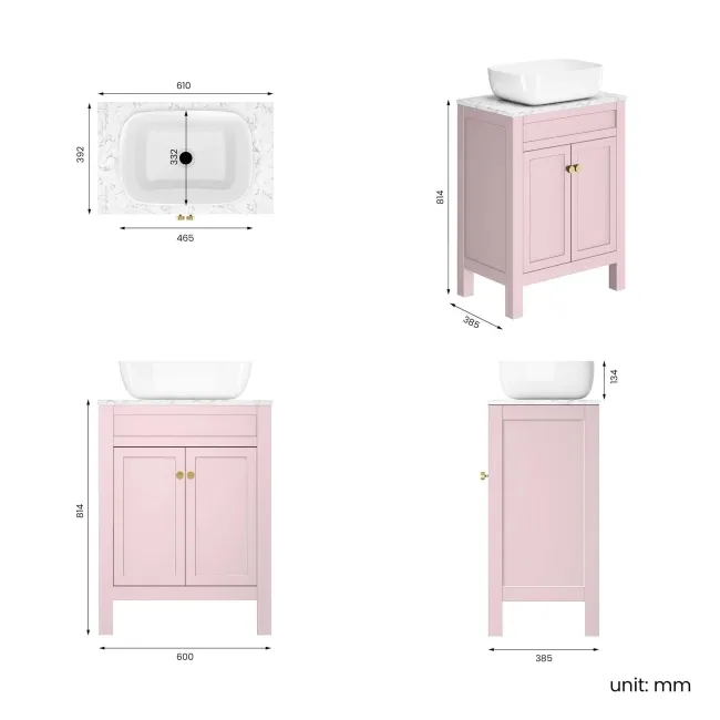 Bermuda Cashmere Pink Vanity with Marble Top & Curved Counter Top Basin 600mm - Brushed Brass Accents