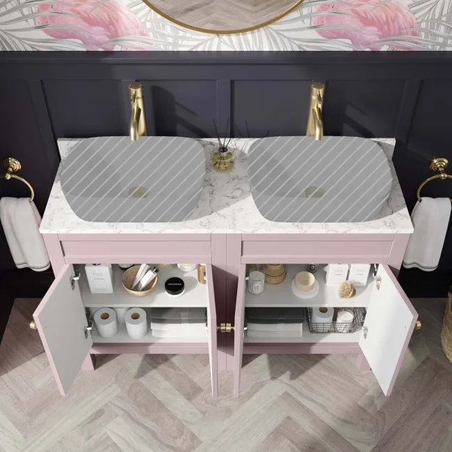 Bermuda Cashmere Pink Cabinet with Marble Top 1200mm (Excludes Counter Top Basin) - Brushed Brass Accents