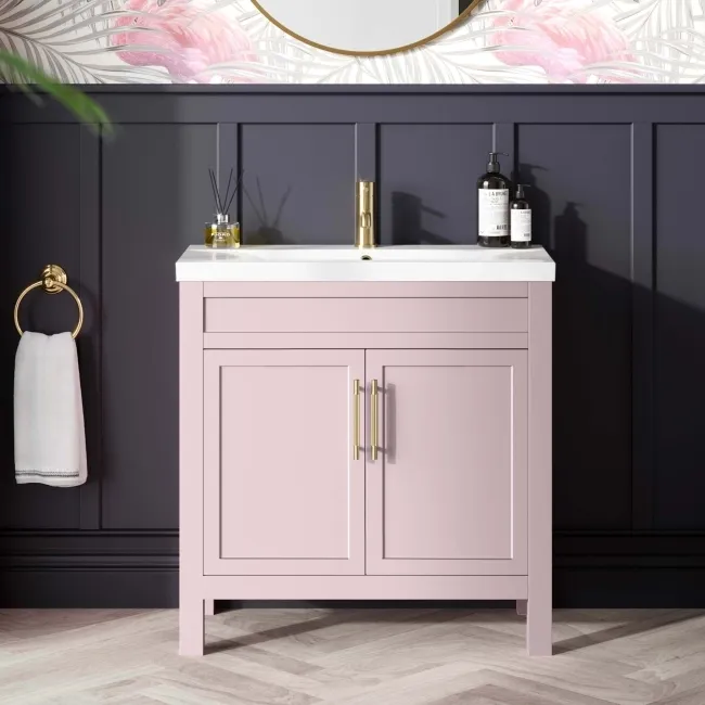 Bermuda Cashmere Pink Basin Vanity 800mm - Brass Knurled Handles