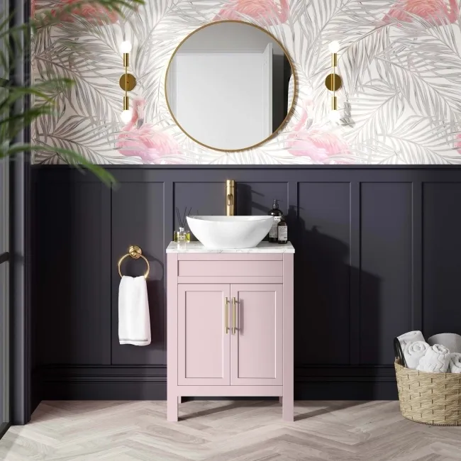 Bermuda Cashmere Pink Vanity with Marble Top & Oval Counter Top Basin 600mm - Brass Knurled Handles