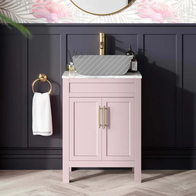 Bermuda Cashmere Pink Cabinet with Marble Top 600mm (Excludes Counter Top Basin) - Brass Knurled Handles