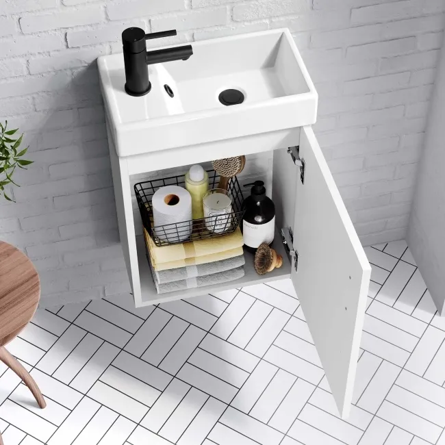 Quartz Gloss White Cloakroom Wall Hung Basin Vanity 400mm - Black Accents