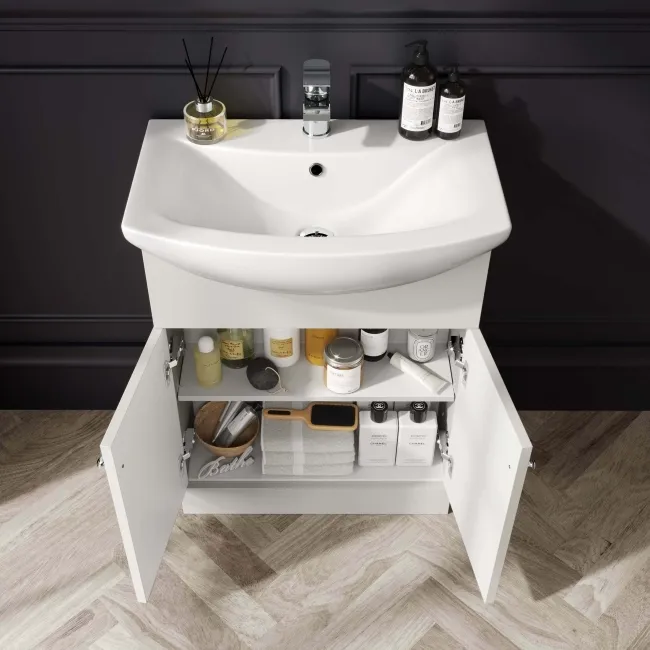 Capri Cotton White Vanity with Semi Recessed Basin 650mm - Brushed Handles
