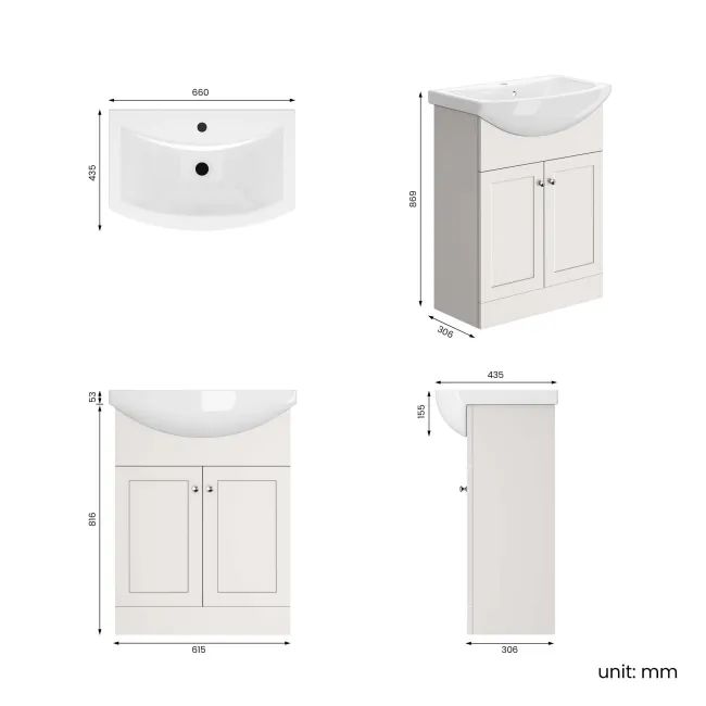 Capri Cotton White Vanity with Semi Recessed Basin 650mm - Brushed Handles