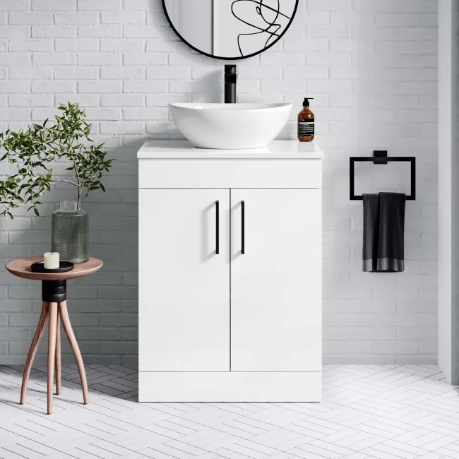 Mersey Gloss White Vanity with Oval Basin 600mm - Black Accents