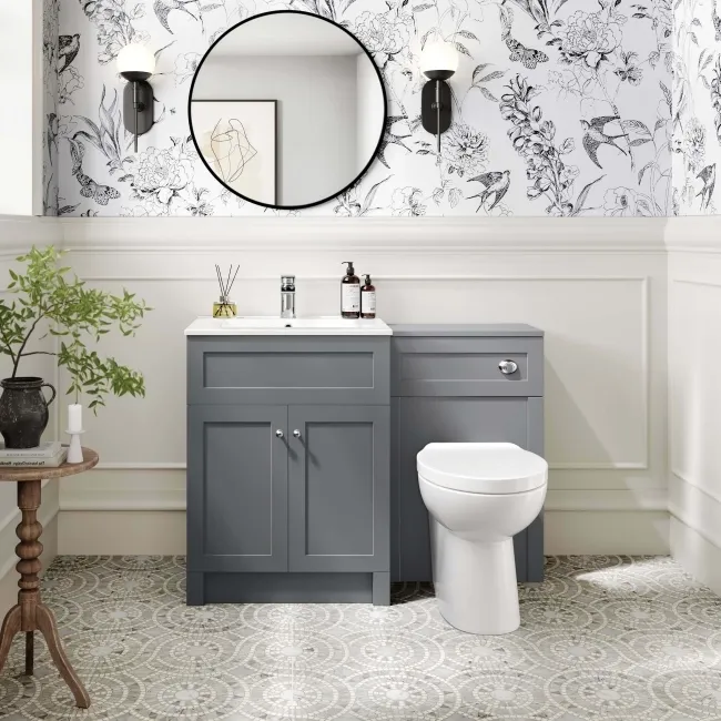 Milos Fog Grey Combination Vanity Basin and Austin Toilet 1100mm - Chrome Handles