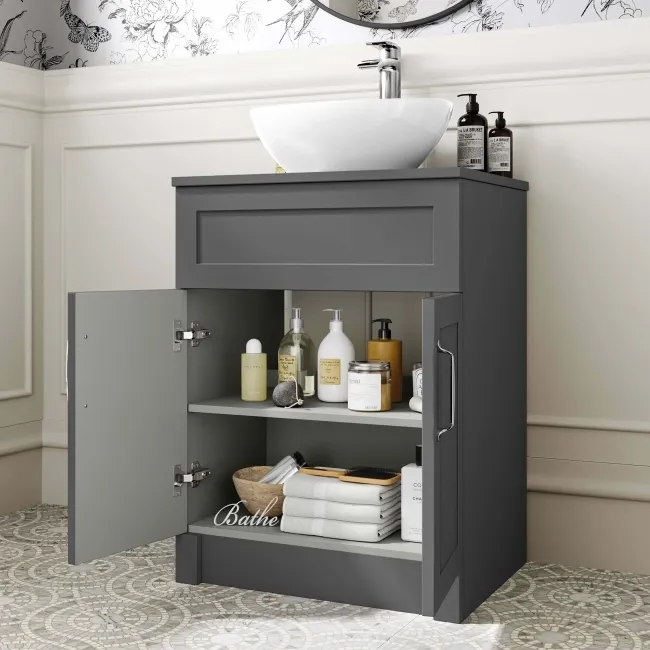 Milos Slate Grey Vanity with Oval Basin 600mm - Traditional Handles