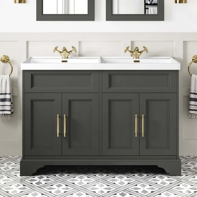 Lucia Graphite Grey Double Basin Vanity 1200mm - Brass Knurled Handles