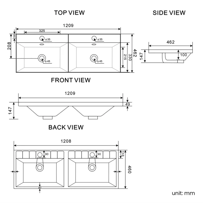 Lucia Inky Blue Double Basin Vanity 1200mm - Brushed Brass Accents