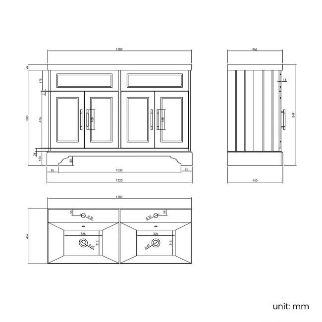 Lucia Midnight Green Double Basin Vanity 1200mm - Brass Knurled Handles