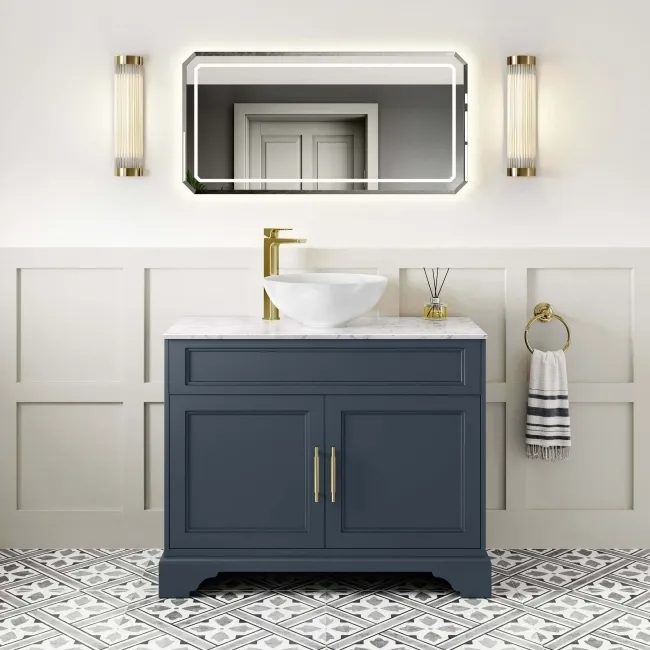 Lucia Inky Blue Vanity with Marble Top & Round Counter Top Basin 1030mm - Brass Knurled Handles