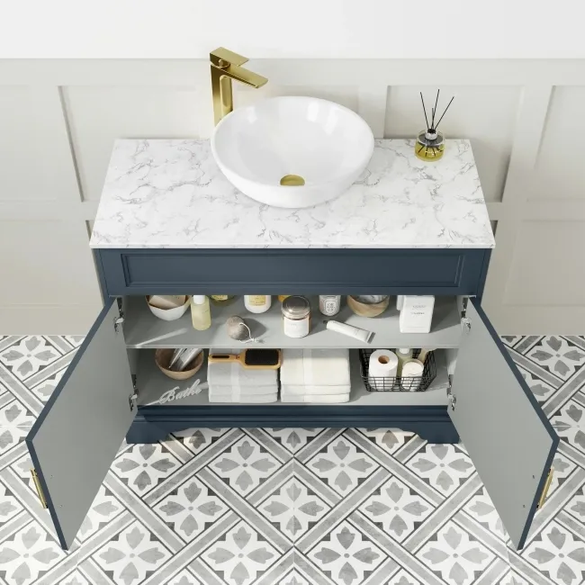 Lucia Inky Blue Vanity with Marble Top & Round Counter Top Basin 1030mm - Brass Knurled Handles