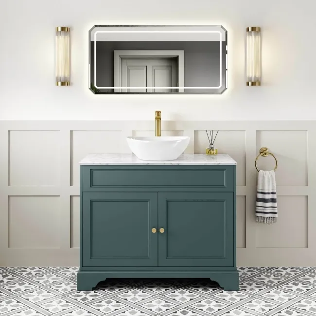 Lucia Midnight Green Vanity with Marble Top & Oval Counter Top Basin 1030mm - Brushed Brass Accents