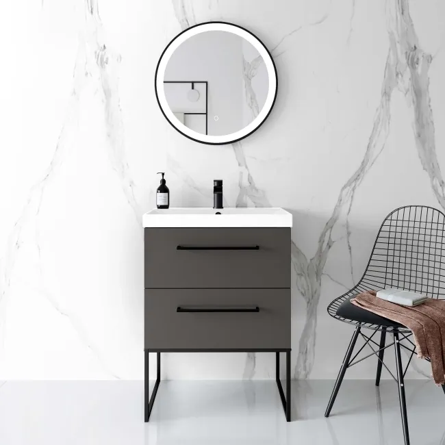 Elba Graphite Grey Wall Hung Basin Drawer Vanity 600mm with Matt Black Stand