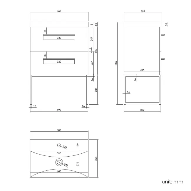 Elba Graphite Grey Wall Hung Basin Drawer Vanity 600mm with Matt Black Stand