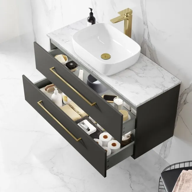 Elba Graphite Grey Wall Hung Drawer Vanity with Marble Top & Curved Counter Top Basin 1000mm - Brushed Brass Accents