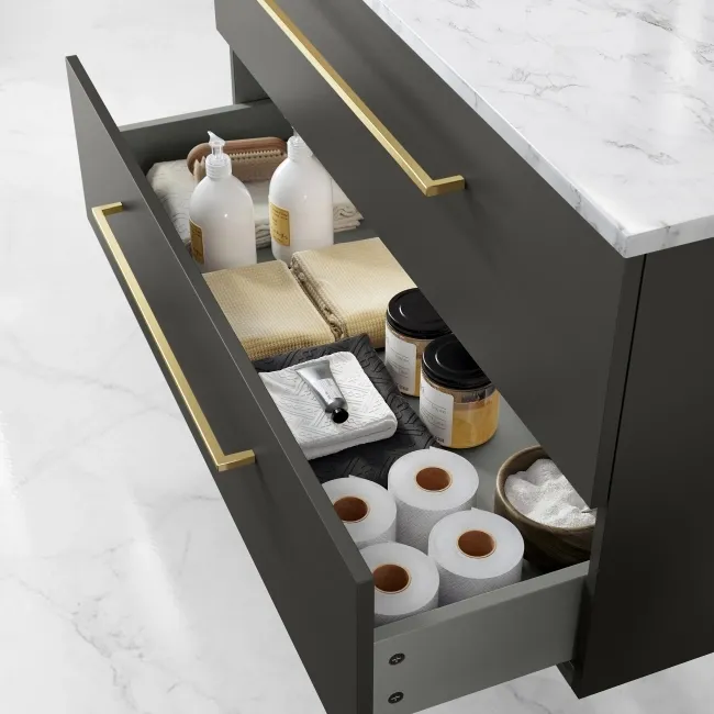 Elba Graphite Grey Wall Hung Drawer Vanity with Marble Top & Curved Counter Top Basin 1000mm - Brushed Brass Accents
