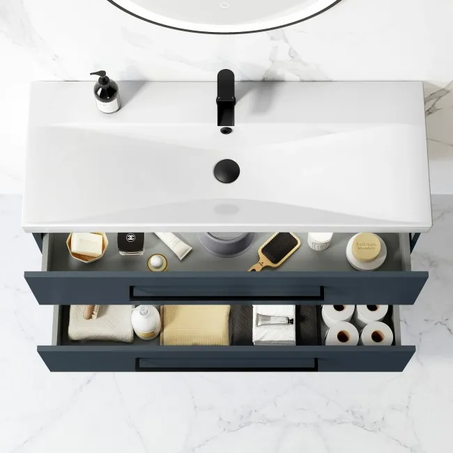 Elba Inky Blue Wall Hung Basin Drawer Vanity 1000mm - Black Accents
